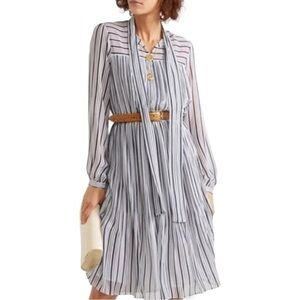 Michael Kors Carolina Striped Gauze Midi Dress Size Medium White Blue Stripes